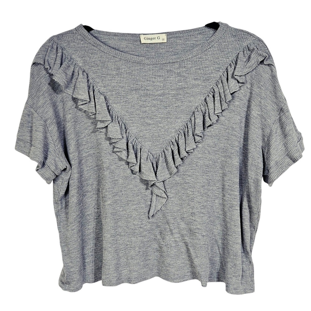 Ginger G Gray Ruffle V-Front Waffle Knit Crop Top M Boho Cottagecore Whimsigoth